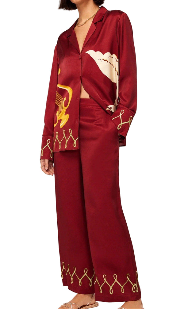 NWT Kitri Women’s Maroon Satin Embroidered Pull-On Pants – Size Medium