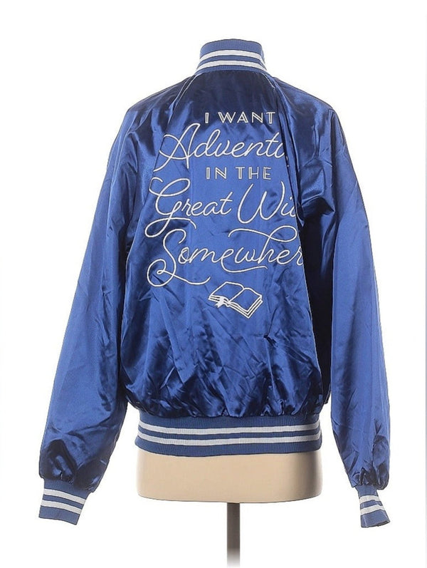 Cakeworthy Women's "I Want Adventure in the Great Wide Somewhere" Blue Bomber Jacket – Small (Disney)