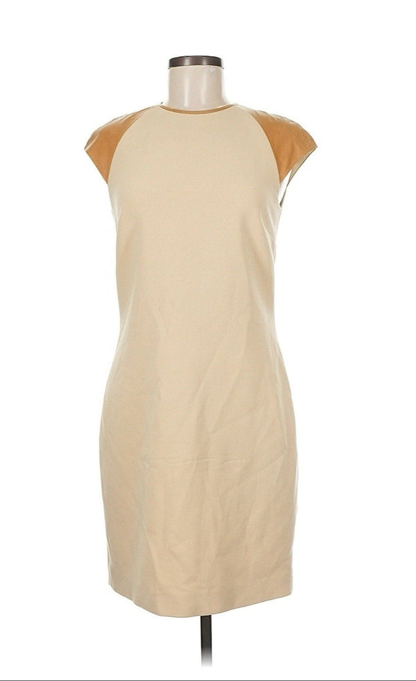 Ralph Lauren Black Label Women’s Wool Stretch Dress with Leather Trim – Khaki Tan | Size 6