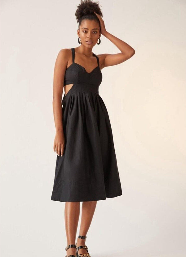 Anthropologie Women's Maeve Black Bow Back Midi Dress with Side Pockets, Size 8