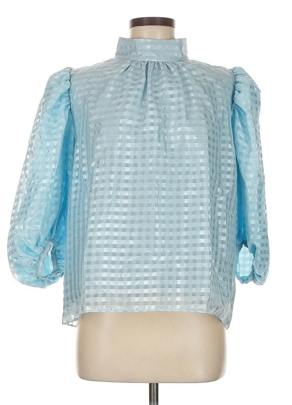 Stine Goya Women’s Ashley Blouse Blue Puff Sleeve Mock Neck Top Medium