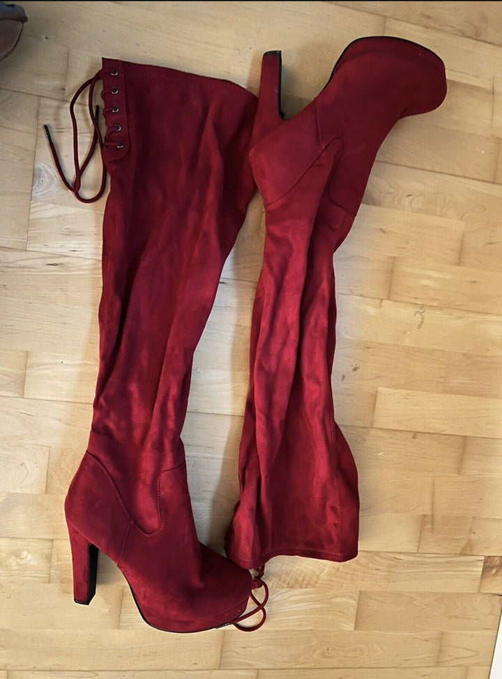 Torrid Women's Platform Over-The-Knee Faux Suede  Wide Calf Boots- Red, Size 11