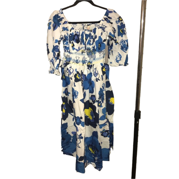 Anthropologie Women's Plenty by Tracy Reese Off-Shoulder Smocked Puff-Sleeve Dress Blue White XS