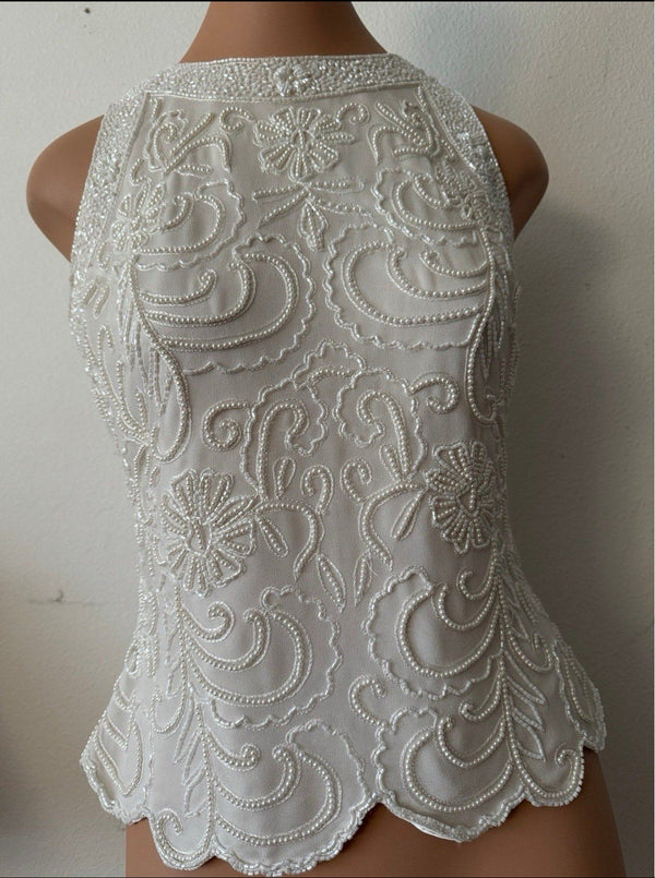 VTG J Kara Women’s Ivory Sequin Beaded Sleeveless Blouse Tank Top Small Bridal Party