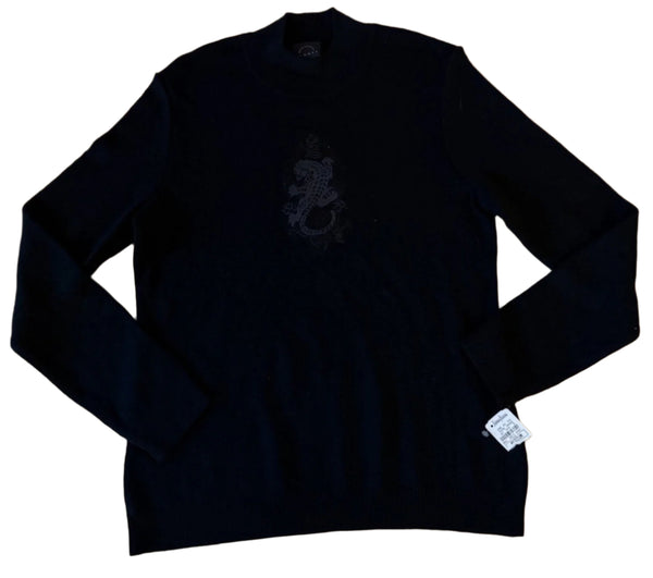 NWT Bogner Women’s Black Wool Tiger Embroidered Mockneck Sweater – Size Medium