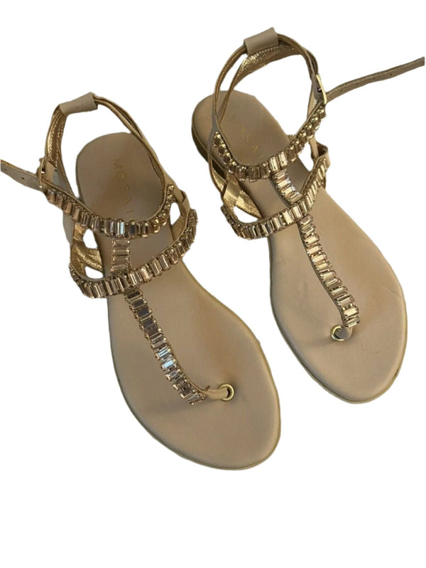 Mosaic Rhinestone Tan Leather Slingback Flat Sandals 39