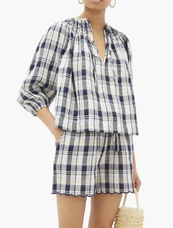 Innika Choo Women's 100% Linen Check Gingham Blouse - Blue, Size One