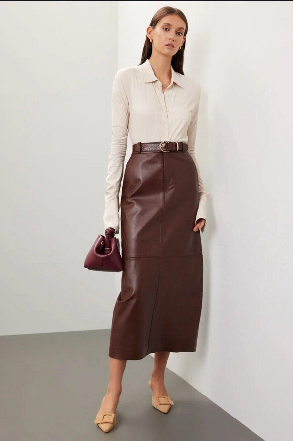 Veda Leather Maxi Skirt Pencil Straight Chocolate Brown Side Pockets 6