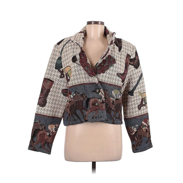 VTG Horse Race Equestrian Tapestry Concho Button Bomber Jacket Tan M