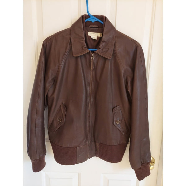 J.Crew Women's Bomber Aviation Flight Jacket Genuine Leather with Wool Accents - Brown, Size Medium