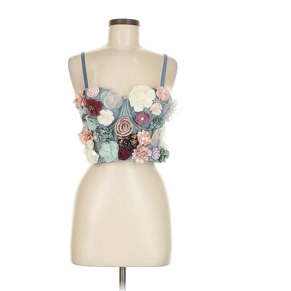 Women’s Floral Corset Bustier Crop Top – Denim Blue Padded Push-Up Cami Tank, Size Large