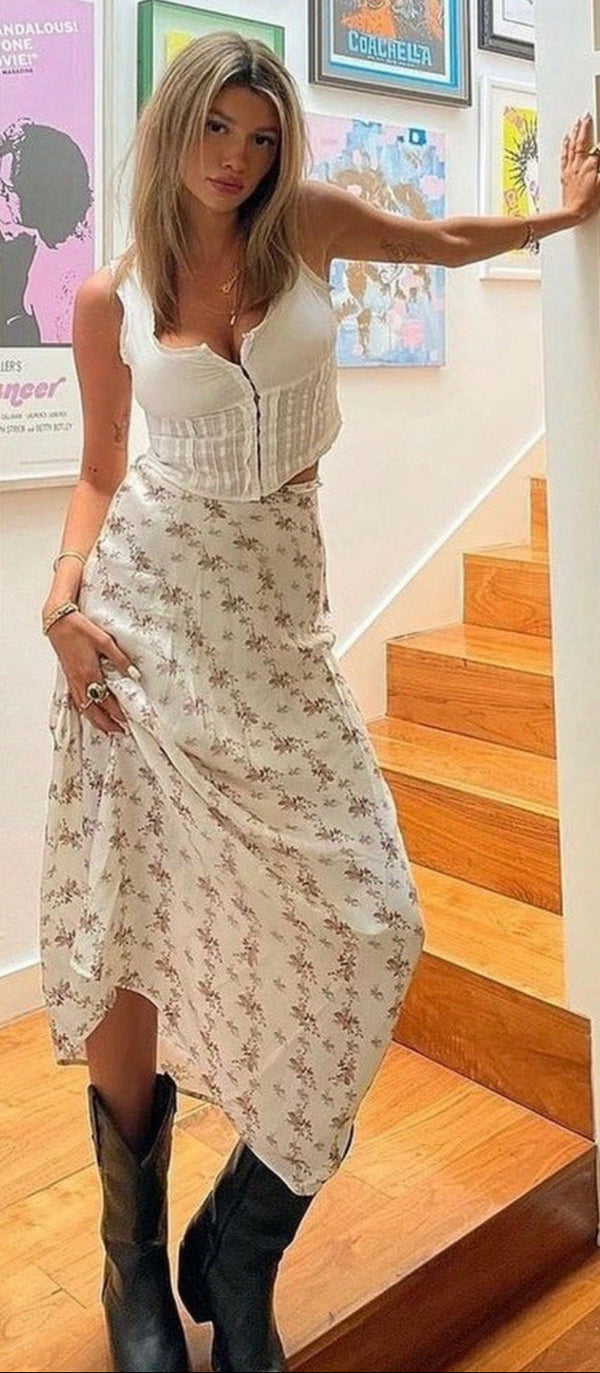 NWT Adete The Label Women's Freesia Printed Cream Midi Skirt Medium