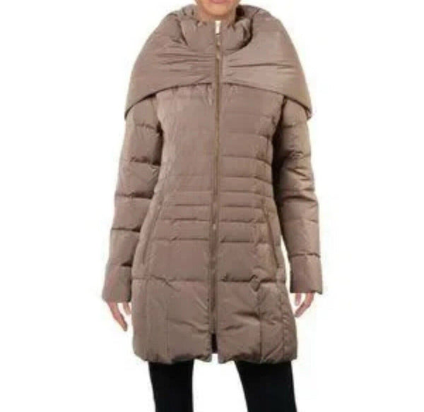 Cole Haan Women's Tan Beige Long Puffer Coat with Removable Hood XL