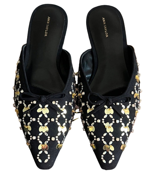 NIB Ann Taylor Black Flats – Beaded Mules with Gold & Silver Embellishments