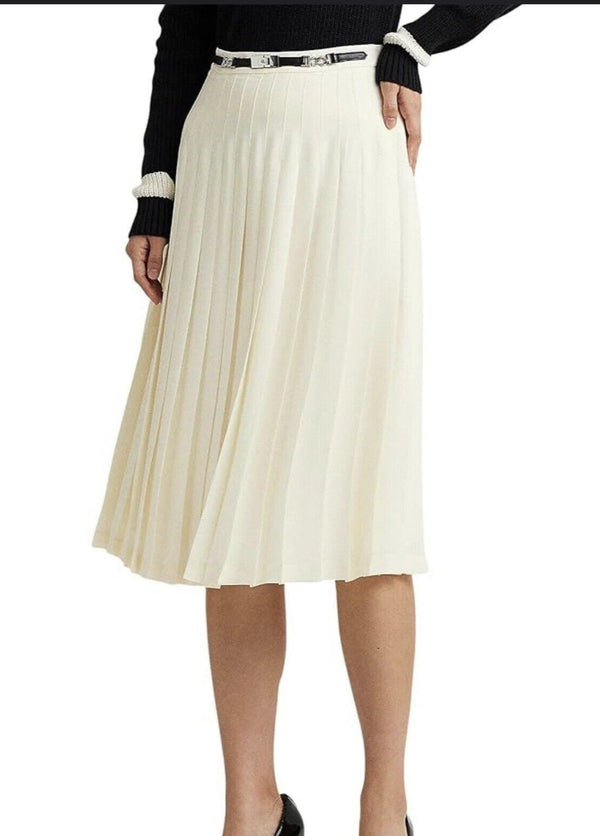 NWOT Ralph Lauren Chiffon Pleated White Cream Midi Skirt Black Leather Belt 6