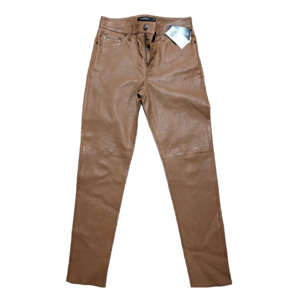 Lauren Ralph Lauren Women's Skinny Ankle Leather Pants – Tan Cognac, High Waist, Western Style – Size 4