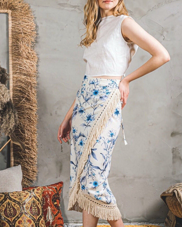 NWT Atelier 12 Women's Blue White Floral Linen Wrap Skirt with Fringe Small