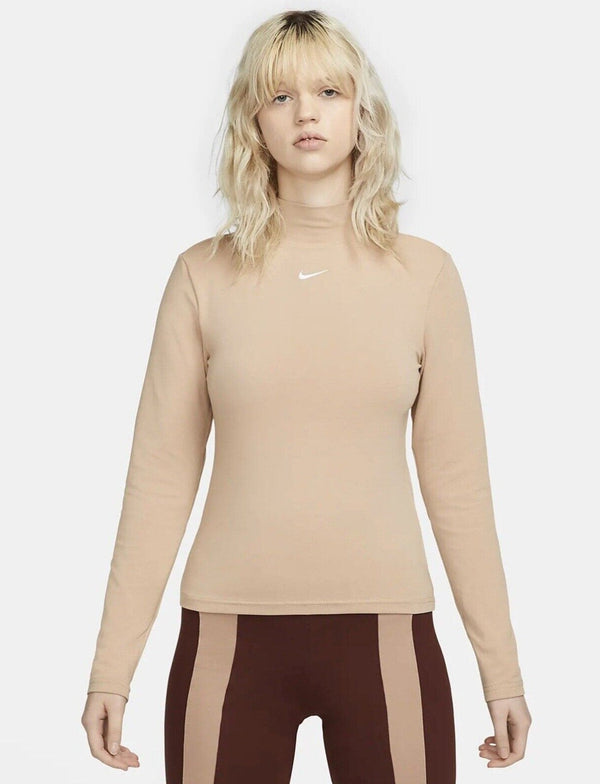 Nike essential Long Sleeve Mock Neck Tan Beige Medium