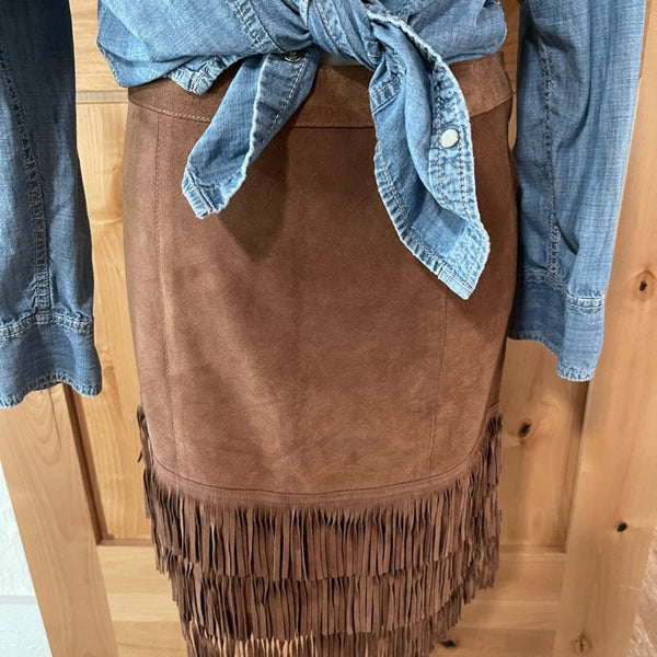 Ralph Lauren Brown leather suede Fringe Midi Skirt western 8