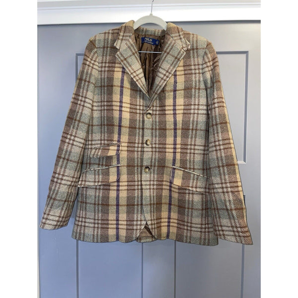 VTG Polo RALPH LAUREN Brown Plaid JACKET Wool Blend BLAZER Western Riding 14