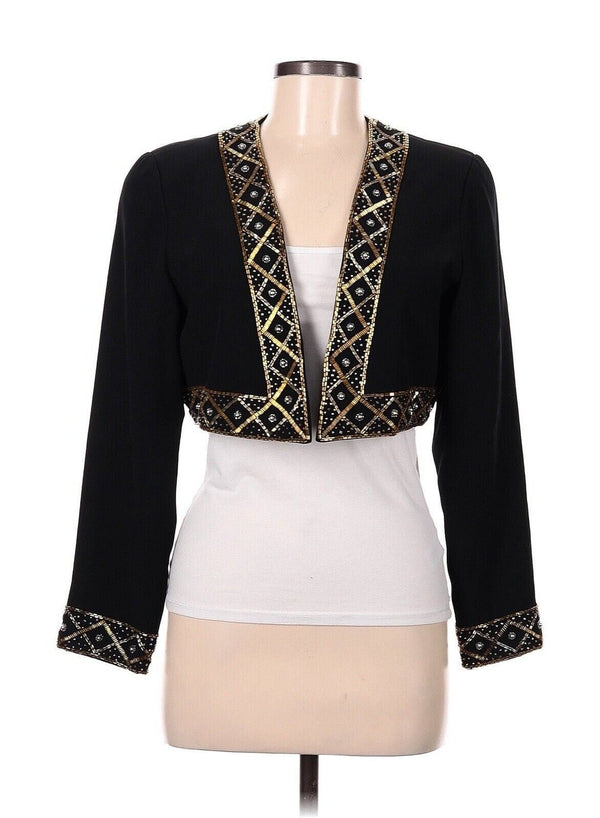 VTG I. Magnin Women’s Silky Black Gold Beaded Cropped Jacket - Size 8