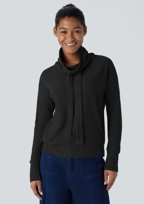 NWT Halara Women's  Cowl Neck Drawstring Long Sleeve Relaxed Waffle Sweatshirt Black XL