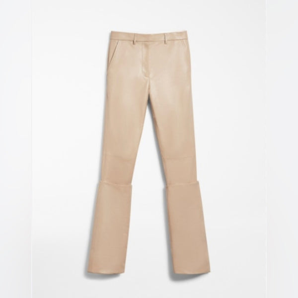 SPORTMAX Slim-fit trousers lamb leather deep turn-up detail cream cognac 4