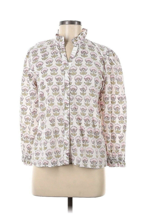 Le Bazar Coastal Women's Pink Flower Block Print Cotton Top, Size Medium