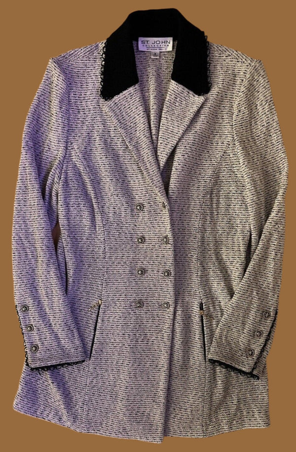 St John Tweed Longline Cream Black Gold Buttons Jacket Blazer 6