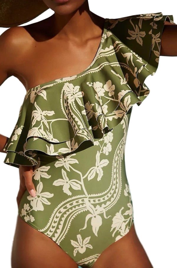 Encantadore Women’s Green Floral Print One-Shoulder Ruffle Abigail Swimsuit | Size Small
