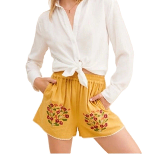 Anthropologie Women’s Meadows Caspia Embroidered Yellow Floral Paperbag Shorts Size 2