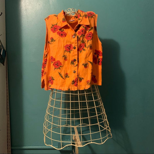 VTG click orange floral sleeveless Button Up Blouse m