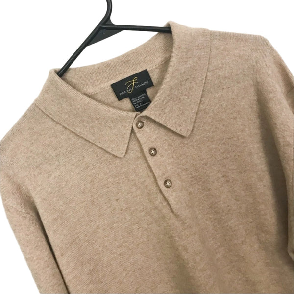 L Brand Men's 2 Ply 100% Cashmere Sweater Tan Beige Henley Collar Long Sleeve Large