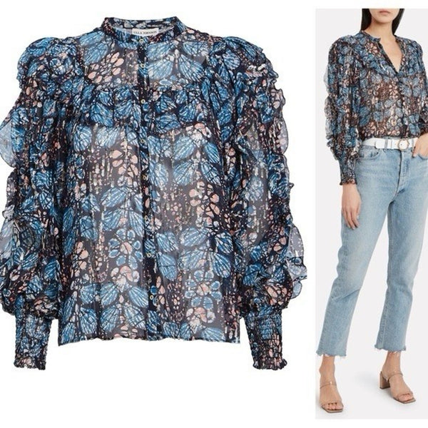 Ulla Johnson Women’s Isadora Sill Lurex Sheer Floral Ruffle Blouse Indigo Blue Size 0