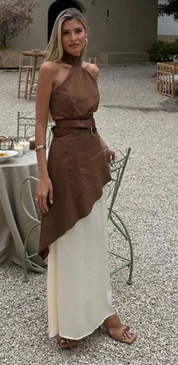 NWT IQ Collection Women’s Brown Cream Layered Halter Neck Sleeveless Maxi Dress XL
