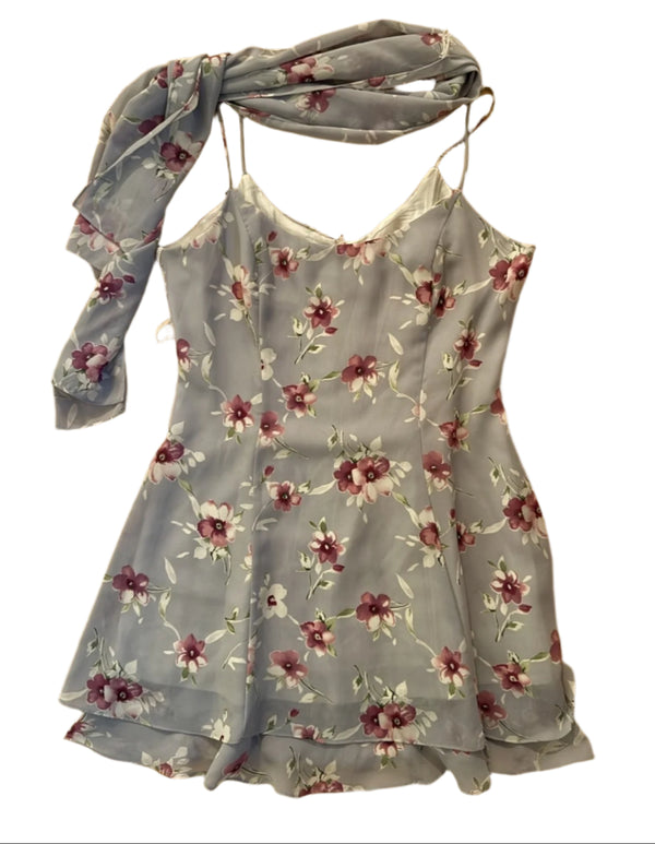 VTG Stepping Out Women's Y2K Satin Floral mini Dress Scarf Shawl 13/14