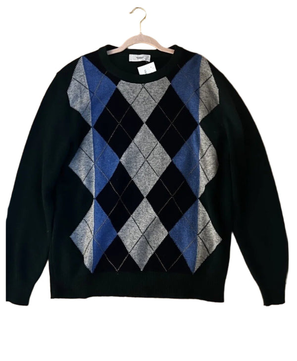 Pringle of Scotland Men's Wool Green Blue Argyle Crewneck Sweater, XL