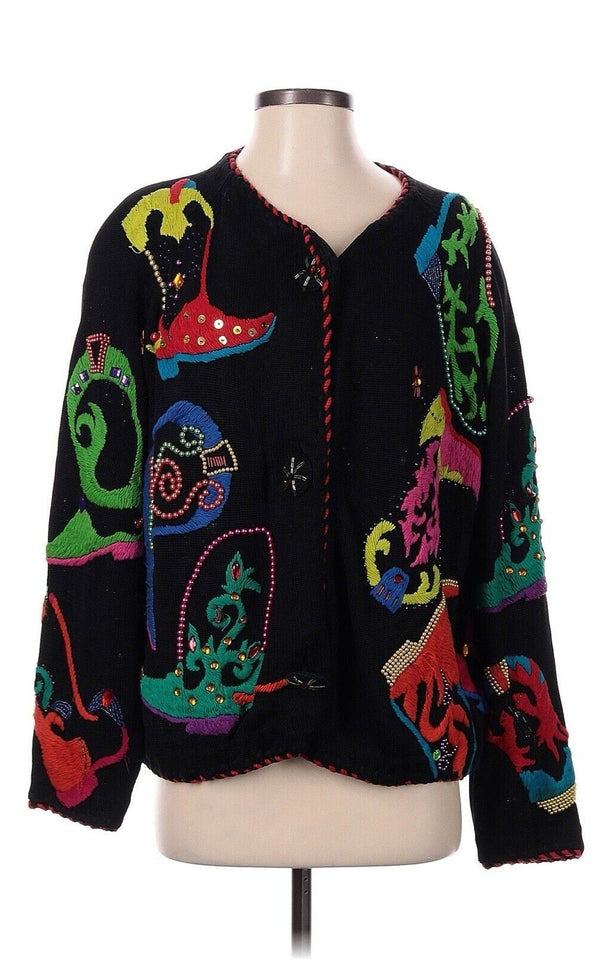 VTG 90's Michael Simon Women's Cowboy Boot Beaded Cardigan Sweater - Western Black, Size Medium