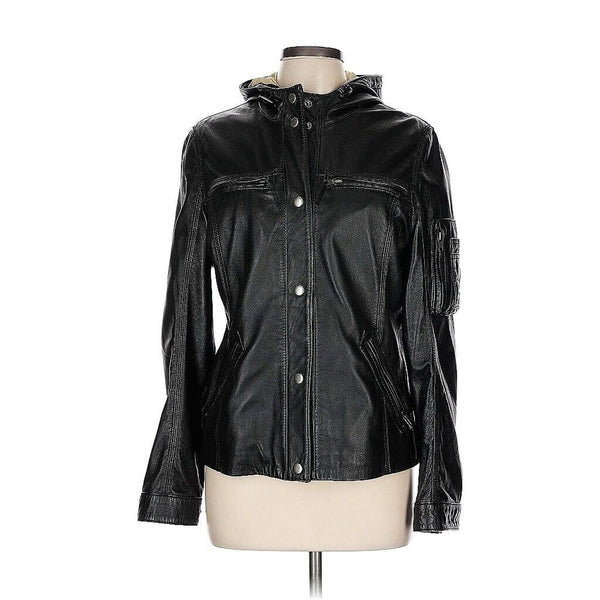 North Beach Leather Women’s Black Moto Jacket with Hood, Size Large