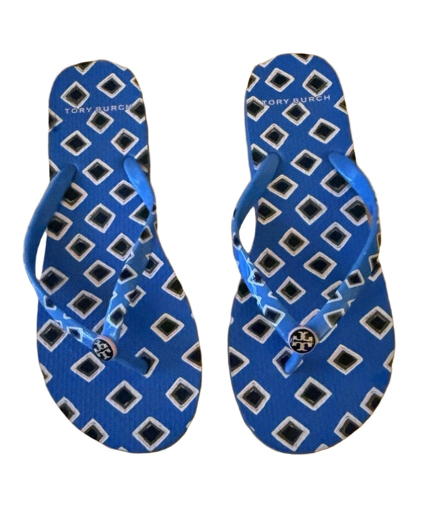 Tory Burch Thin Flip Flop Sandals Blue PVC/EVA Gold Enamel Logo – Size 6