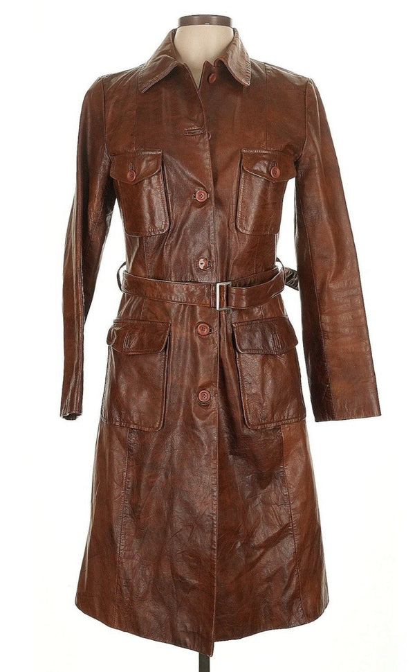 Vintage Women’s Brown Genuine Leather Long Trench Overcoat – Size Large