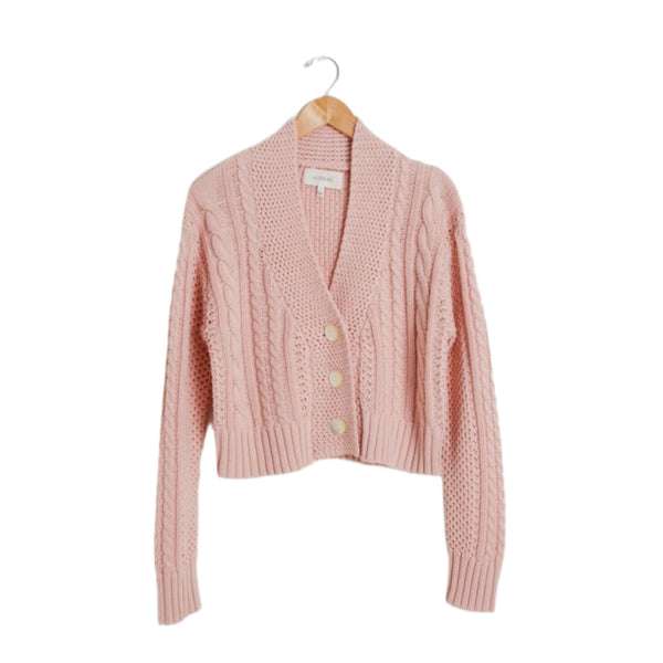 The Great Women's Pink Petal Cropped Montana Cardigan, Cable Knit Cotton Blend, Size XS
