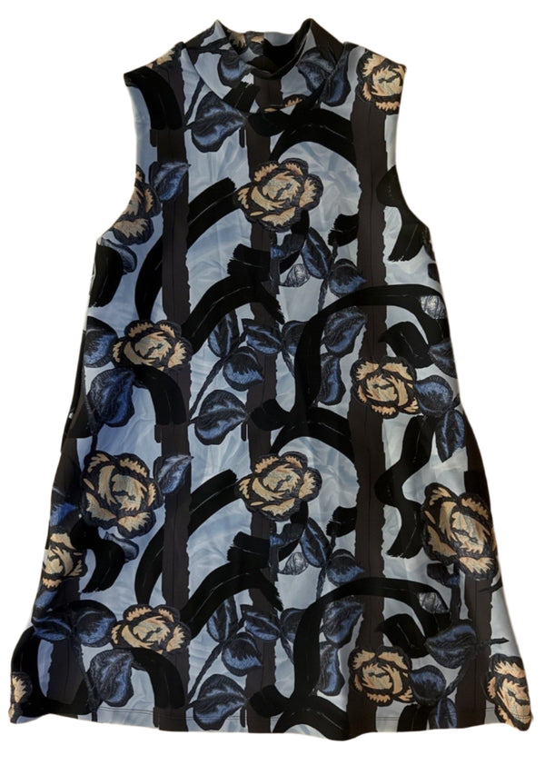Cynthia Rowley Women’s Neoprene Black Mockneck Swing Mini Dress – Blue Rose Print – Size 8