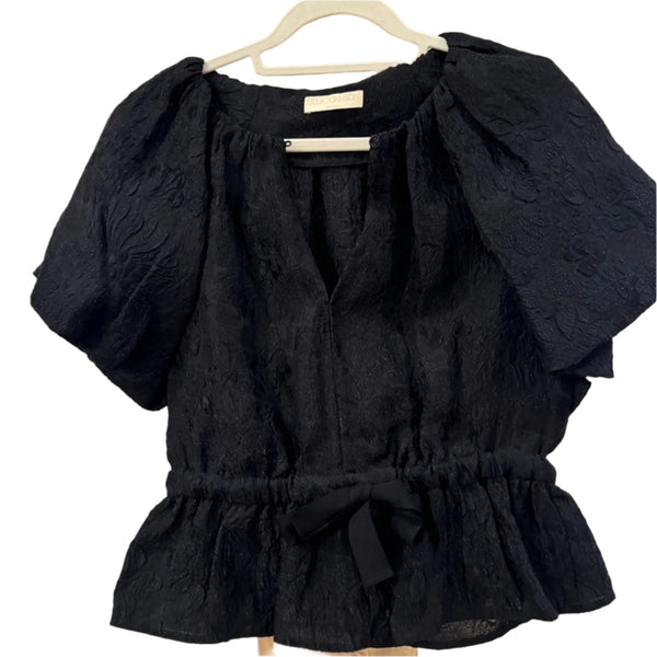 Ulla Johnson Women's Black Holiday Top Mirabelle Puff Sleeve Ribbon Bow Size 6