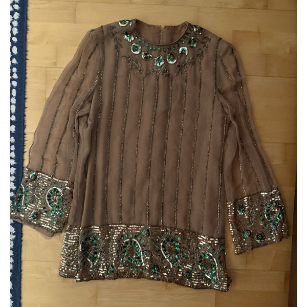 VTG George Allette Tan Sheer Sequin Beaded Tunic Long Sleeve Top Silk 8