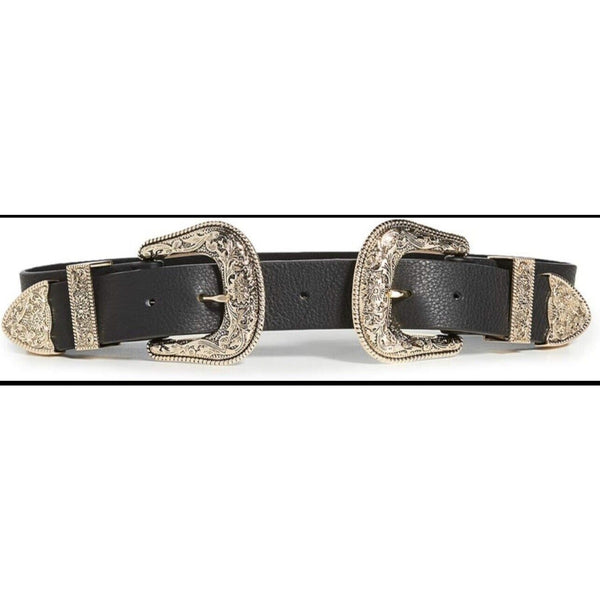 B Low The Belt Black Leather Light Gold Double Buckle Western Belt Medium