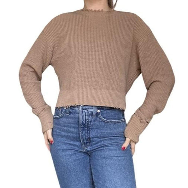 RtA Women's Frayed Details Stylish Streetwear Sweater in Camel Tan, Size Extra Extra Large