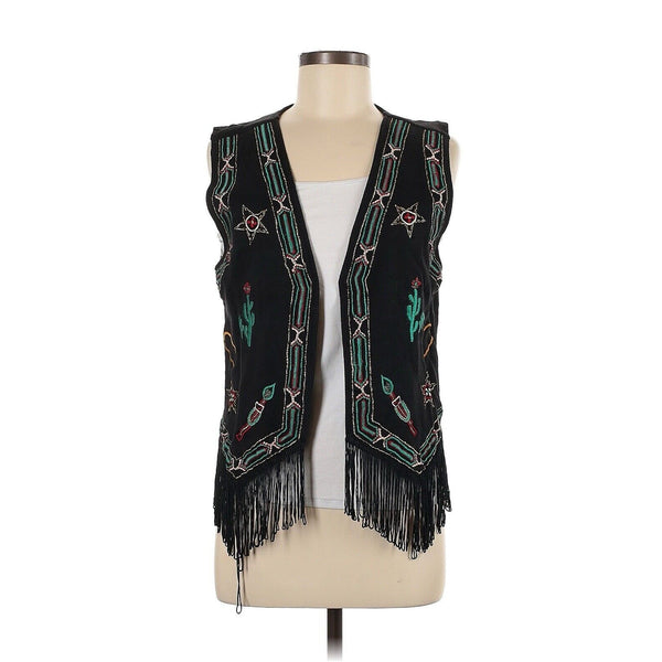 VTG Imein! Women's Embroidered Cotton Open Fringe Black Vest, Size Medium