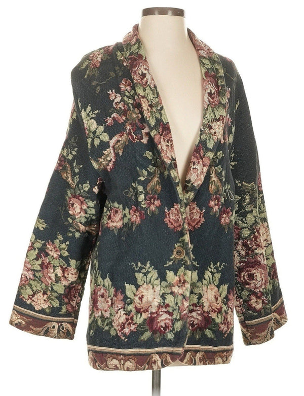 Sugar Street Weavers Women's Tapestry Embroidered Rose Floral Jacket Tan Size Small