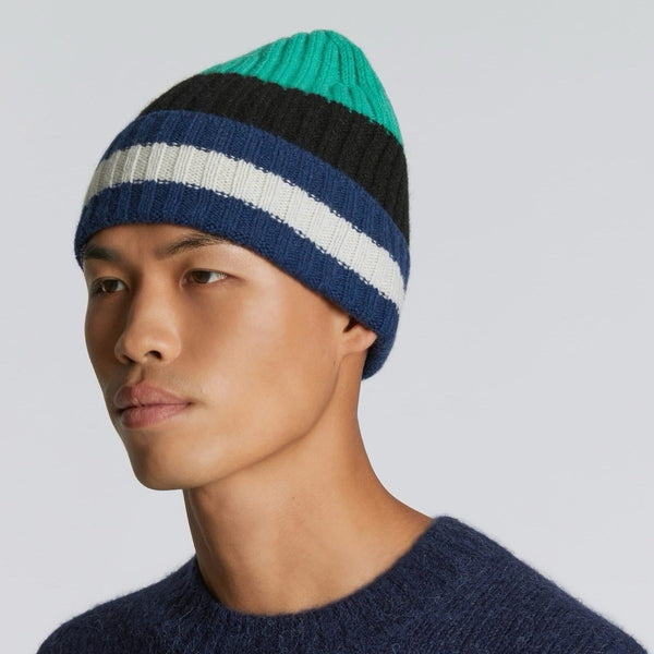 NWT EVERLANE Beanie Hat Unisex Cashmere Wool Striped Winter Green Blue White OS
